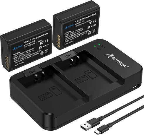 A Artman Artman LP-E10 Battery 2-Pack 1600mAh and Rapid Dual LP E10 Battery Charger