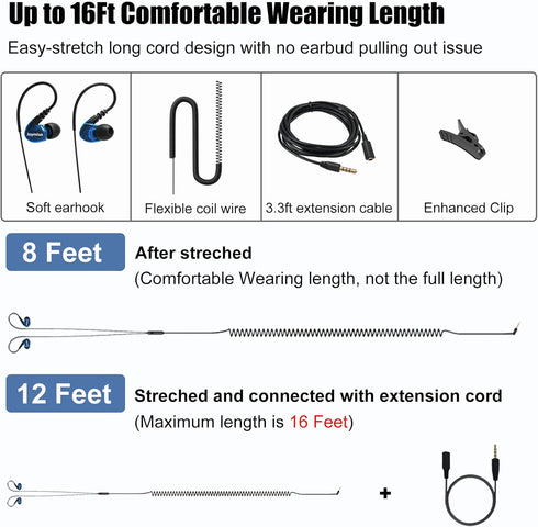 16Ft 3.5mm Joymiso Extra Long Cord Earbuds Headphones for TV PC Laptop with Mic, Volume Control, Spring Coil Wire