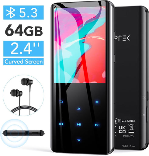 AGPTEK 64GB MP3 5.3, A19PL 2.4" 128GB, Player with Bluetooth Curved Screen Portable Music Player with Speaker Lossless