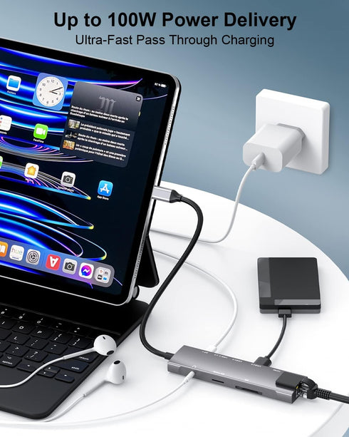 USB C Hub 9 in 1 Multiport Adapter with Gigabit Ethernet, 100W PD, 4K@60Hz, for MacBook, iPad Pro, iPhone 15