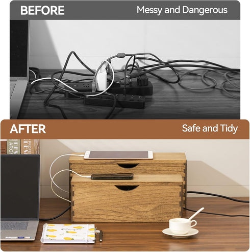 Kirigen Cord Management Box - Wooden Cable Organizer to Hide Power Strips and Electrical Plugs (Set of 2, Dark Brown)