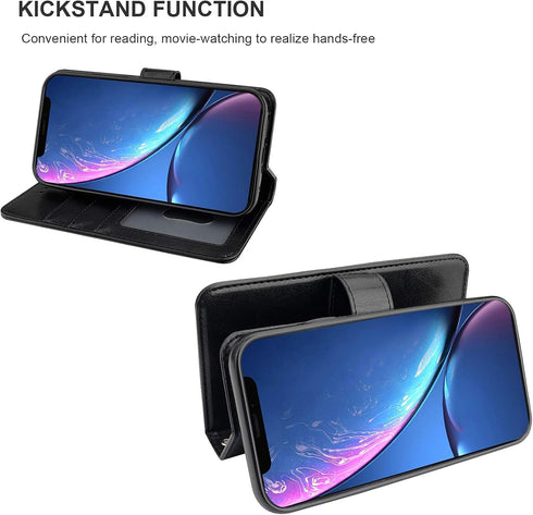 Bocasal iPhone Xr Wallet Case, PU Leather Magnetic Detachable Kickstand, Shockproof, Black