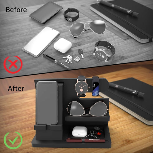 Gifts for Men Desk Organizer, Wooden Phone Docking Station for Key Wallet Holder, Watch Organizer for Birthday Gifts