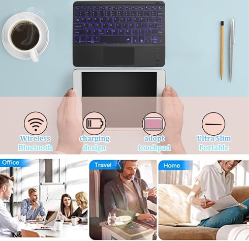 Wireless Bluetooth Keyboard, 10-inch Ultra-Slim 7 Color Backlight Keyboard with Touchpad, Portable for Mobile Phones,