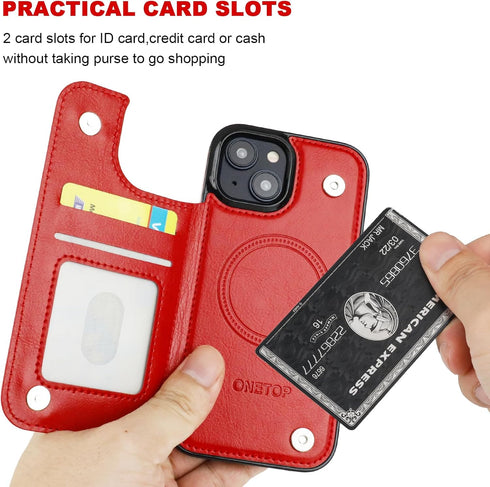 OT ONETOP 15 6.1 Inch ONETOP Compatible with Magsafe for iPhone Wallet Case with Card Holder, PU Leather Kickstand RFID