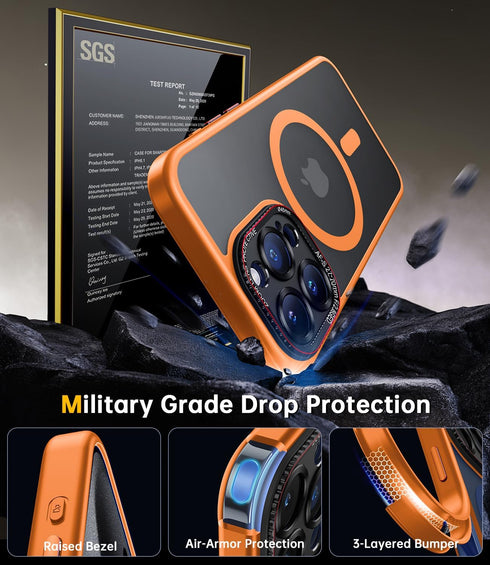JUESHITUO iPhone 15 Pro Case, Orange, 6.1", Mil-Grade Shockproof, Translucent Matte, MagSafe & Camera Lens Protection.