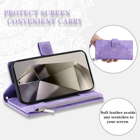 Samsung Galaxy S24 Ultra 5G Wallet Case with Mandala Flower, Tempered Glass Protector, Zipper Card Holder, Wrist Strap