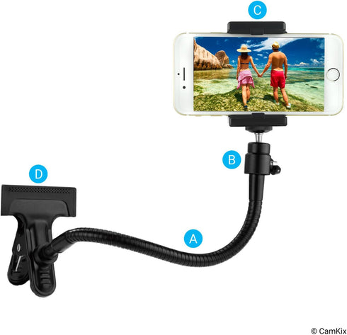 Universal Phone/Camera Holder with Flexible Gooseneck and Strong Clamp - for Mobile Photography, Vlogs, Videos, GPS,