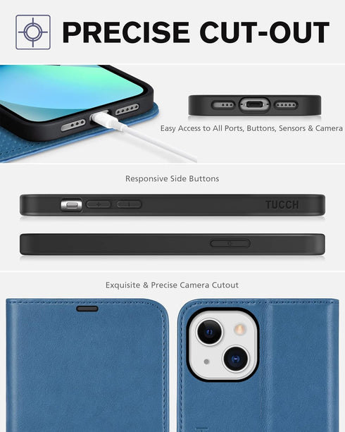 TUCCH iPhone 13 Wallet Case 5G, Lake Blue, Magnetic Folio, RFID Blocking, TPU Interior, Flip Cover, 6.1" Compatible.