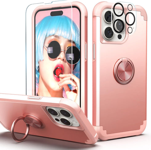 IDweel iPhone 13 Pro Max Case - Rose Gold, 2-in-1 Shockproof, Screen Protector, 360° Ring Holder, Camera Lens Protector.