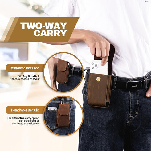 Hengwin Genuine Leather Flip Phone Holster for Samsung Galaxy A15 A25 A54 S23+ S22+ S21+ S20 FE, iPhone 15 Plus 14 Plus