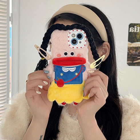 Cute Kawaii 3D Cartoon iPhone 14 Case - Plush, Furry, Shockproof, Winter Warm, DIY Hair Braids for Women & Girls (Snow