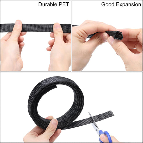 uxcell 50 Ft Expandable Braided Cable Sleeve, 1 Inch PET Wire Management Protector, Black