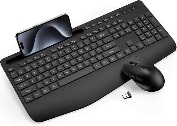 Wireless Keyboard and Mouse Combo - Trueque Ergonomic Full-Sized Keyboard with Wrist Rest, Phone Holder, Silent 2.4GHz