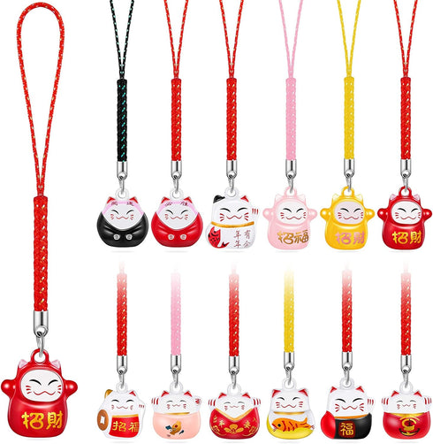 12 Pcs Lucky Cat Keychain Phone Charms, Fengshui Fortune Japanese Beckoning Cat Maneki Neko Pendant for Good Health