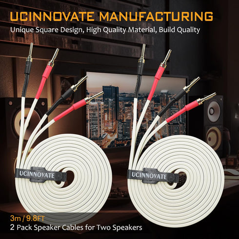 UCINNOVATE 14 AWG OFC Speaker Cable with Gold-Plated Pin Banana Plugs, Audiophile HiFi 3m/9.8Ft White Speaker Wire for