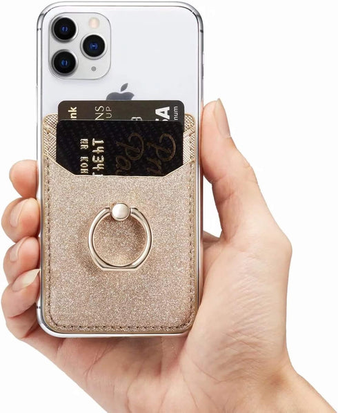 Card Holder Sleeve with Kickstand Ring for Women - 2 Pieces RFID Credit Wallet Glitter Stick On Back Grip (Pink + Gold)