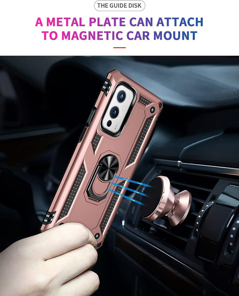 Military Grade Shockproof Case for Oneplus 9 5G, Armor Heavy Duty with 360 Metal Rotating Ring Kickstand (Rose Gold)