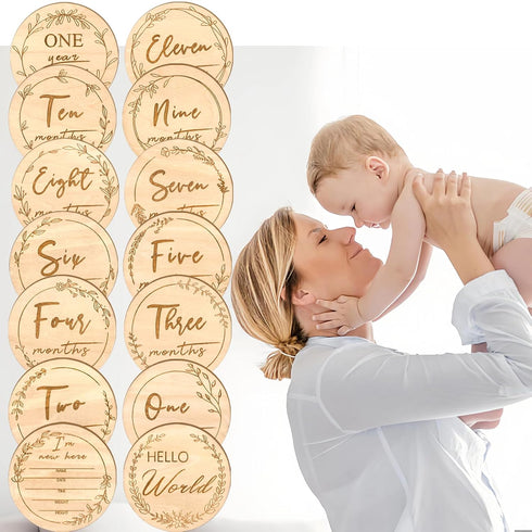 Sanyakti Signs-7 Sets Baby Monthly Milestone,Beautiful Baby Milestone Double Sided Marker Wooden Circles Discs Newborn