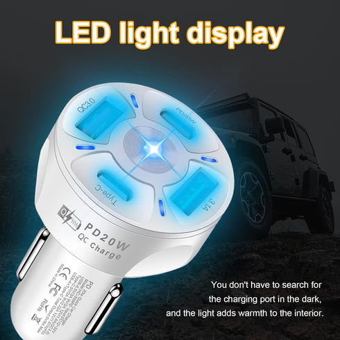 4 Ports Car Fast Charging Charger, QC 3.0, PD 20W, Type C, 3.1 A Cigarette Lighter Adapter for Car SUV, White
