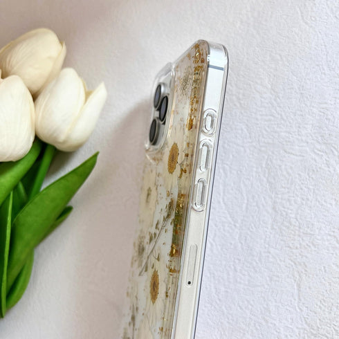 LSEEKA 16 16 for iPhone Pro Max Clear Case with Pressed Real Flowers Design,Glitter Cute White Floral Pattern Slim Soft