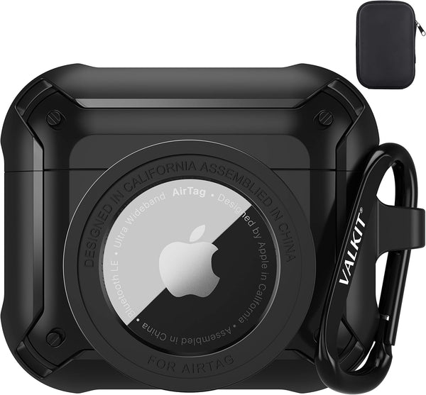 Valkit Compatible AirPods 3 Case and AirTags Case Cover, 2 in 1 Rugged Protective Case with Keychain, Black