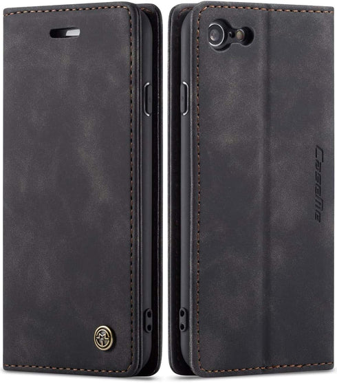 SINIANL Leather Folio Case for iPhone 7/8, Kickstand Credit Card Holder with Magnetic Closure, Black