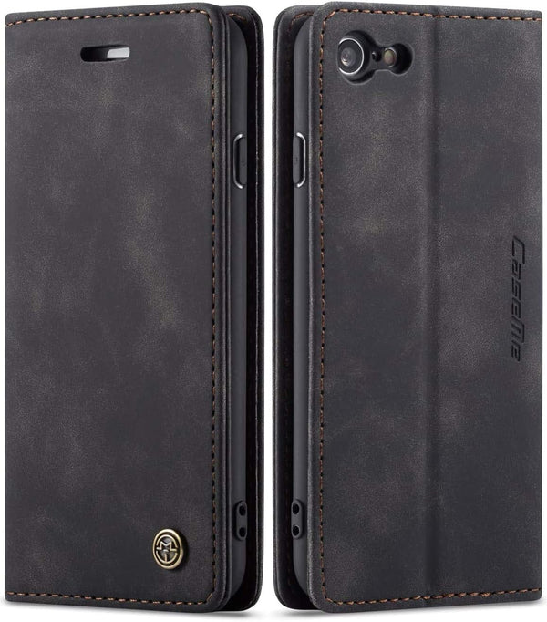 SINIANL Leather Folio Case for iPhone 7/8, Kickstand Credit Card Holder with Magnetic Closure, Black