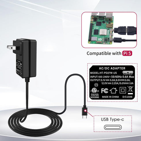 GeeekPi 27W Power Supply for Raspberry Pi 5, PD Adapter USB C 5.1V 5A Power Adapter for Raspberry Pi 5 8GB 4GB