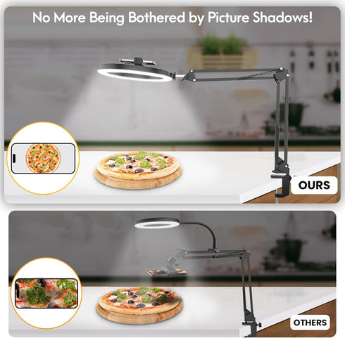Overhead Camera Mount with Selfie Ring Light and Phone Holder, 10" LED Ring Light for Desk with Stand and Remote for