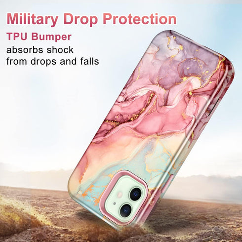 Btscase iPhone 12 Case: Heavy Duty Three Layer Marble Shockproof Rugged Hard PC + Soft TPU Bumper Cover - Rose Gold
