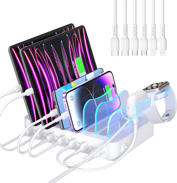 SooPii Premium 6-Port USB Charging Station Organizer for Multiple Devices, 6 Short Charging Cables and One Upgraded