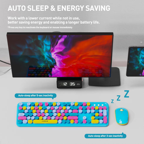 FOPETT 2.4GHz Wireless Keyboard and Mouse Set, Full-Size Keyboard Compatible for Windows/Laptop/PC - Blue Colorful