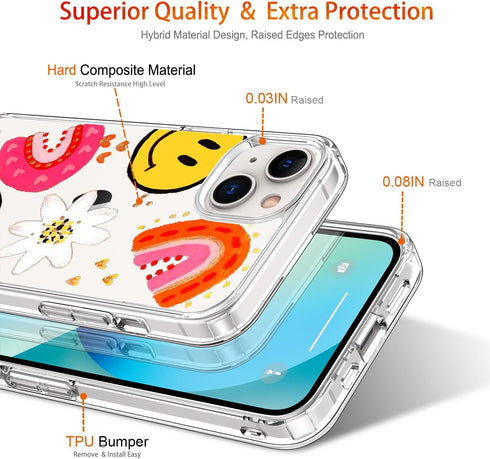 GiiKa iPhone 13 Case with Screen Protector, Clear Floral Shockproof Hard Case & TPU Bumper, Colorful Graffiti Design.