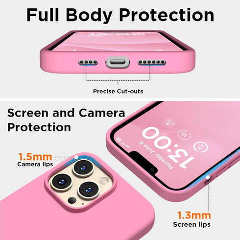 iPhone 13 Pro Max Case, Tender Pink Liquid Silicone, Slim Shockproof Design + 2X Screen Protectors, 6.7" Full Body
