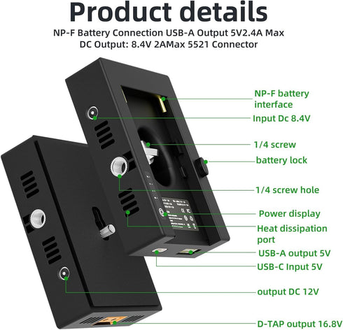 F1TP 12V/16.8V/5V NP-F Battery Mount Plate with D-Tap & USB Output, Compatible with Sony NP-F Series Batteries, Power