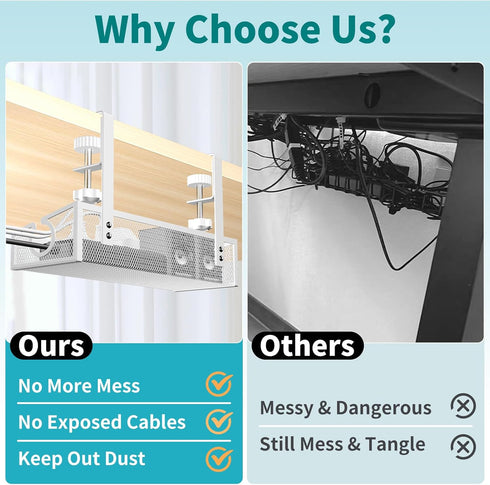 Under Desk Cable Management Tray, White No Drill Organizer with Clamp for Desk Wire Management and Accessories