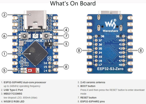 ESP32-S3 Mini Development Board, Pre-Soldered Header, ESP32-S3FH4R2 Dual-Core Processor, 240MHz, 2.4GHz Wi-Fi