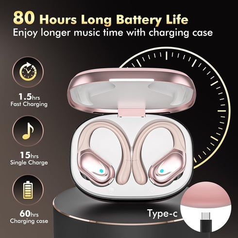 Wireless Earbuds Bluetooth Headphones, 80hrs Playback, Noise Canceling Mic with Earhooks for Sports/Workout/Running