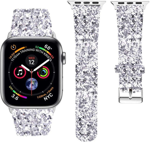 iiteeology Compatible with Apple Watch Band 46mm 45mm 44mm 42mm, Glitter Shiny Bling Leather Band for iWatch Series
