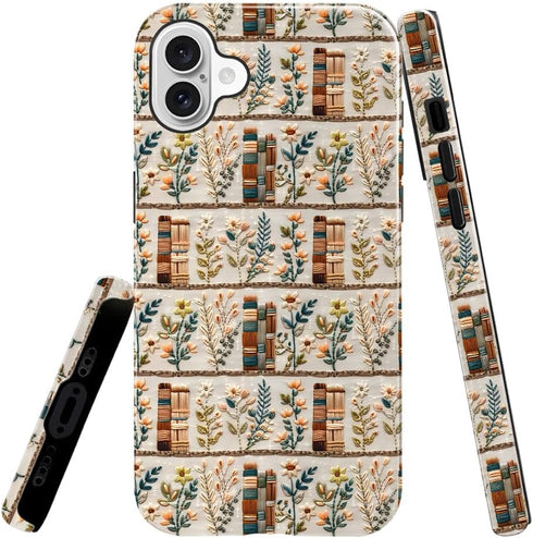 Generic Case for iPhone 16,Embroidery Floral Bookshelf Phone Case Slim Silicone Shockproof Cover
