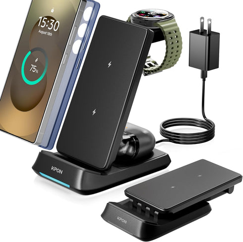KPON 3 in 1 Charging Station for Samsung, Wireless Charger for Thick Cases,