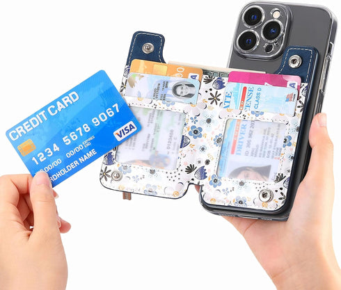 Stick on Wallet for Phone Case, Credit Adhesive Card Holder for Back of Phone Cases, Flip Leather Zipper Flower Wallet