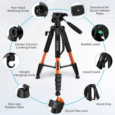 Tripod 75" Camera Tripod, Lightweight Travel Cell Phone Tripod with Wireless Remote, Professional Aluminum Tripod for