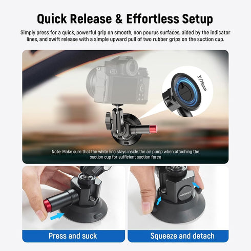 Neewer 3" Suction Cup Camera Mount Bracket with Ball Head, Quick Release Car Mount with Phone Holder