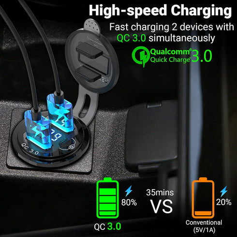 12V USB Outlet 2 Pack, Dual Quick Charge 3.0 Waterproof Aluminum Charger for Marine, RV, Car