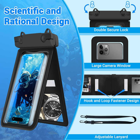 Waterproof Phone Pouch, IPX8 Double Space Cell Phone Case for iPhone 15/14/13 Pro Max Plus, 2 Pack (Black)