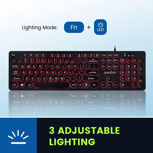 Perixx PERIBOARD-317R Wired USB Keyboard - Tri-Color Illuminated LED - Big Print Letter - Stylish Round Keycaps US