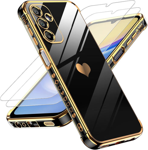 LeYi Love Heart Plating Women Cute Luxury Soft TPU Shockproof Case for Samsung Galaxy A15 5G with Tempered Glass Screen