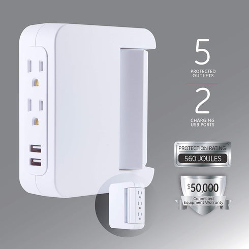 GE Pro Side-Access Swivel Surge Protector, 2 Pack, 5-Outlet Extender with 2 USB Ports, Wall Tap Adapter, White